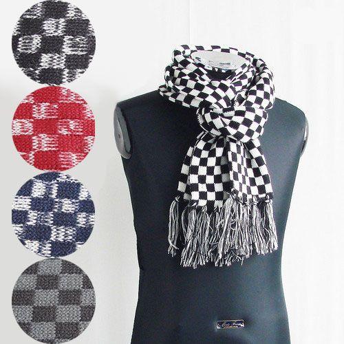 メンズ レディース マフラー ブロックチェック ミックスカラー アクリルマフラー フリンジデザイン ...