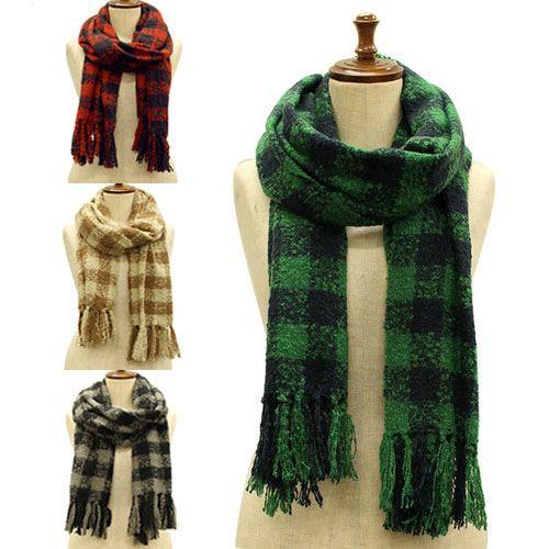 レディース ニットマフラー ネップギンガムチェック ふわふわ ロングサイズ 羽織り あったか フリン...