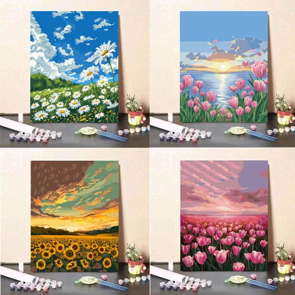 数字塗り絵 ぬりえ 油絵風 花畑 自然風景 チューリップ 向日葵 ひまわり マーガレット 夕日 朝日...