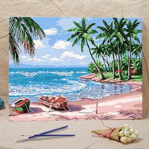 数字塗り絵 油絵風 ビーチとヤシの木 海辺 大人の塗り絵