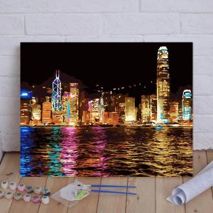 数字塗り絵 油絵風 都会の夜景 海 大人の塗り絵 フレーム絵画