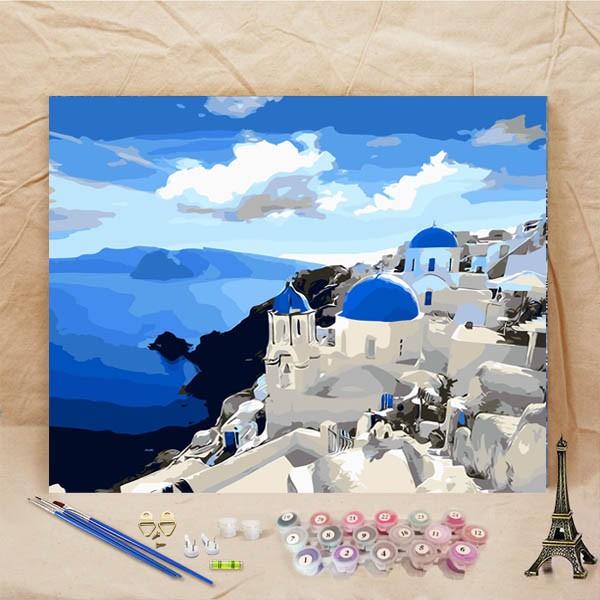 数字塗り絵 油絵風 白い雲 ギリシャ サントリーニ島 海 大人の塗り絵 フレーム絵画 インテリア 風...