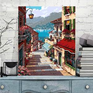 数字塗り絵 油絵風 イタリア 街並み 坂道 ヨーロッパ