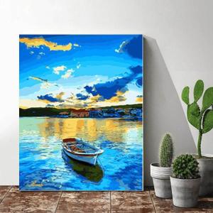 数字塗り絵 油絵風 青い湖とボート 夕日 サンセット