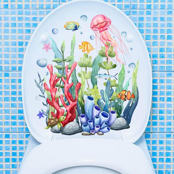 トイレ用  便器のふた 海の中 ウミガメ サンゴ メルヘン カラフル 水回り ミニステッカー ウォー...
