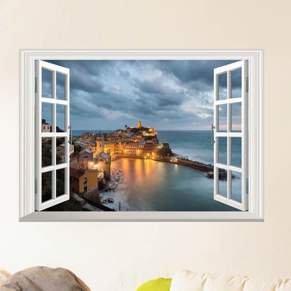 売りつくし ウォールステッカー ヨーロッパの街並み 夕暮れ 海 だまし絵 トリックアート 風景写真 ...