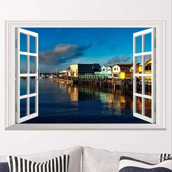 売りつくし ウォールステッカー 川辺 ボートハウス ハーバー だまし絵 トリックアート 風景写真 絵...
