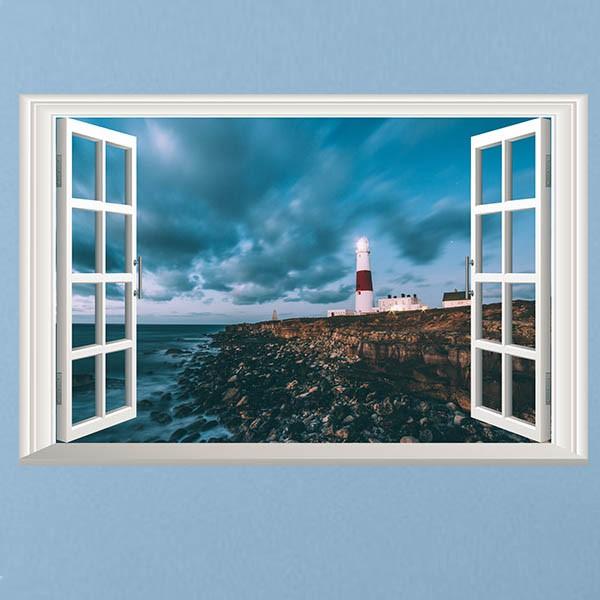 売りつくし ウォールステッカー 海と灯台 だまし絵 トリックアート 風景写真 絵画 3D窓フレーム ...