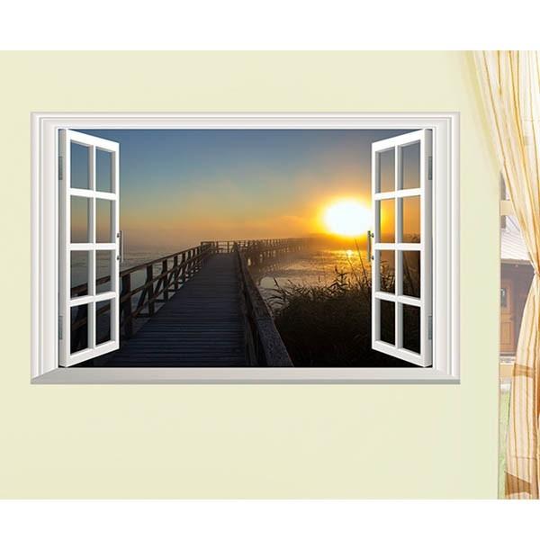 売りつくし ウォールステッカー 桟橋 夕日 海辺 だまし絵 トリックアート 風景写真 絵画 3D窓フ...