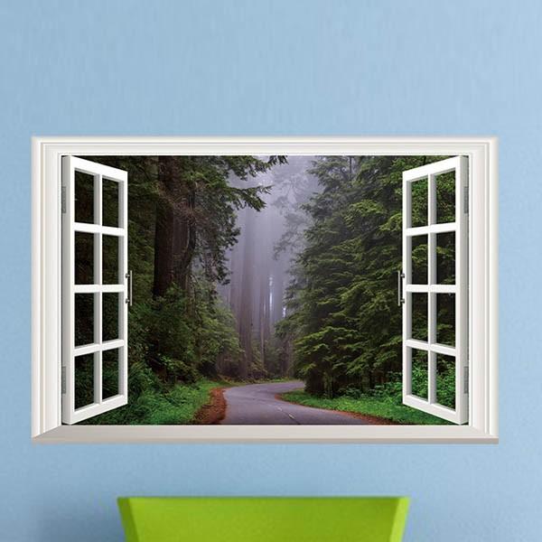 売りつくし ウォールステッカー 早朝 霧の森 だまし絵 トリックアート 風景写真 絵画 3D窓フレー...
