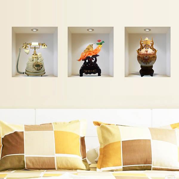 (訳あり) 3枚1セット だまし絵ウォールステッカー 骨董品 アンティーク 電話 壺 トリックアート...