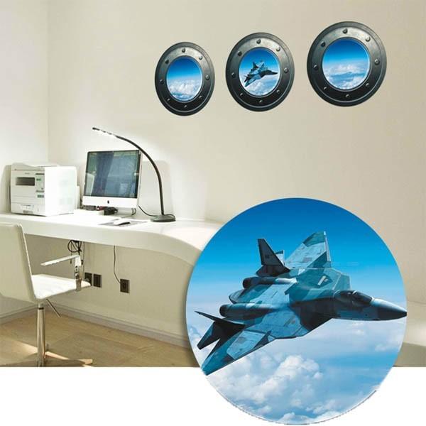 (訳あり) 3枚1セット だまし絵ウォールステッカー 戦闘機 空 飛行機 トリックアート 壁デコ 北...