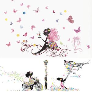 ウォールステッカー フェアリー シルエット 花の妖精 女の子 ブランコ 自転車 フラワーガール 花 壁シール 壁デコ 北欧風 DIY リビング