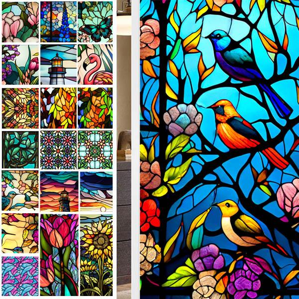 ガラスフィルム ステンドグラス柄 風景 マンダラ模様 パターン カラフル 目隠し 紫外線カット すり...