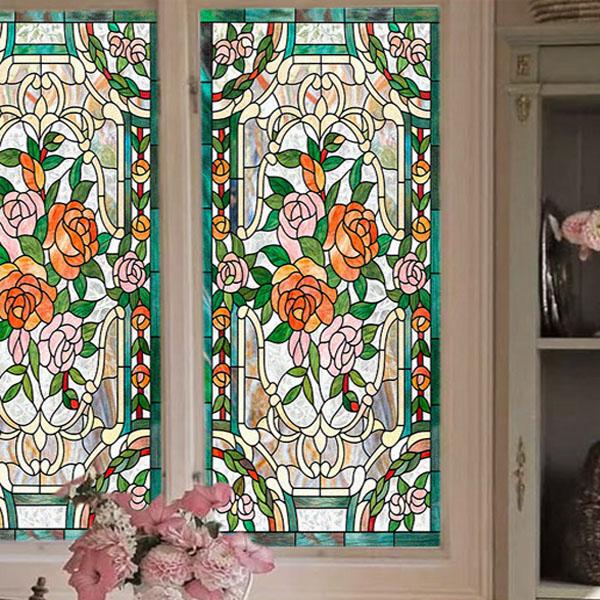 ガラスステッカー アールヌーヴォー ステンドグラス ローズ 薔薇 レトロ 目隠し 紫外線カット すり...
