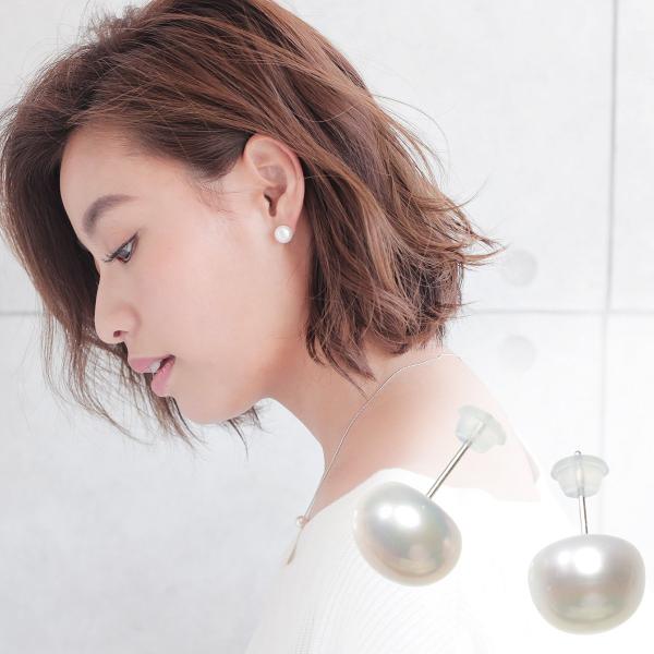 パール ピアス 高級 淡水真珠 大粒 スタッド ピアス 約10.0mm K14WG ボタン珠 結婚式...