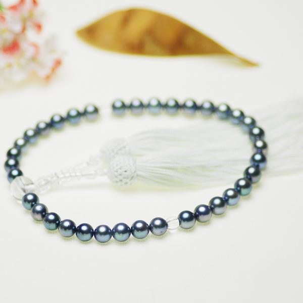 アコヤ 墓参り お盆 真珠 パール 略式 念珠 数珠 約7.0-7.5mm ブルーグレー染 法事 葬...