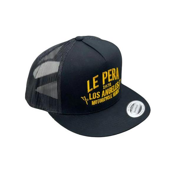 ラペラ フラットビルメッシュキャップ ブラック ゴールドテキスト
