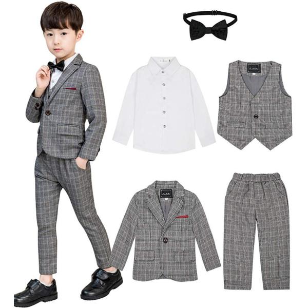 キッズ フォーマル スーツ 5点セット チェック柄 子供服 タキシードスーツ 男の子 入学式 上下セ...