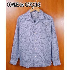 2003年 日本製 COMME des GARCONS HOMME コム・デ・ギャルソン オム コットン 開襟 長袖シャツ ブルー系 落書き風総柄 メンズL相当｜penguintripper2