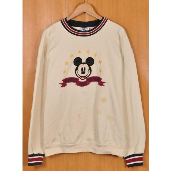 ヴィンテージ 1990年代 Disney ミッキーマウス スウェット クリーム ワッペン刺繍 メンズ...