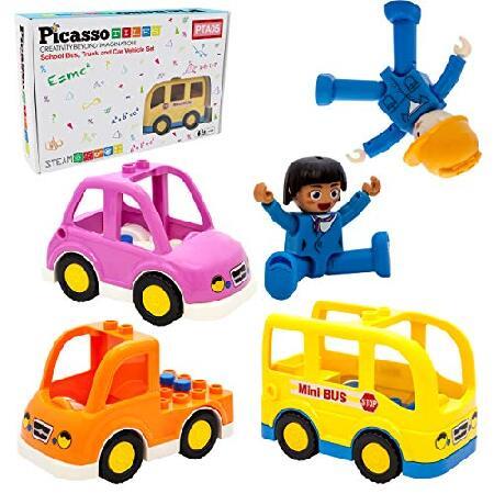 PicassoTiles マグネット式 5ピース 自動車とアクションフィギュアセット スクールバス ...