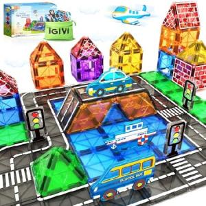 IGIVI Magnetic Tiles - Road Set with Car Toys for 3+ Year Old Boys ＆ Girls, Magnet Building Blocks Expansion Pack, STEM Construction Toys for Kids Ag｜pennylane2022