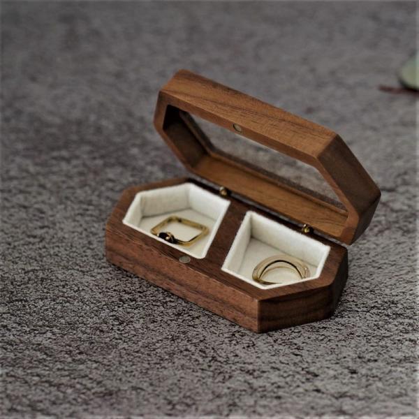 リングケース 木製 ペアリングケース くるみ 指輪ケース 婚約指輪二個のリング収納可能 持ち運べるサ...