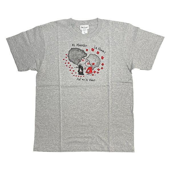 水森亜土 マリンカップル 半袖Tシャツ(M) グレー アパレル
