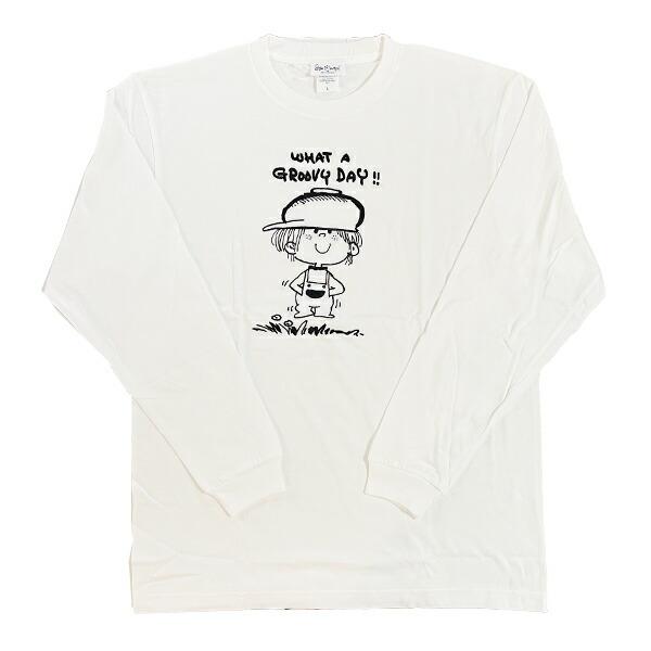 水森亜土 刺繍ロングスリーブTシャツ オトコノコ ホワイト 長袖 アパレル