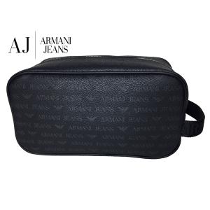 アルマーニ ジーンズ ARMANI JEANS 932535 CC996 NERO ロゴ入りハンドル付きグレー系ロゴ柄入りブラック系PVCセカンドバッグ クラッチバッグ ビューティーケース｜perlei