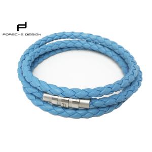 ポルシェデザイン Grooves BLUE Triple Bracelet PDロゴ入り ブルー系 イントレチャート 編み込み レザー 3連 ブレスレット｜perlei
