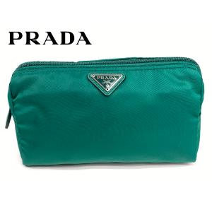 プラダ 化粧ポーチ PRADA 1NA693 ASSENZIO 少し難有り ロゴプレート付き アッセンチオ グリーン系 テスート ナイロン 三角柱形 コスメチックポーチ｜perlei