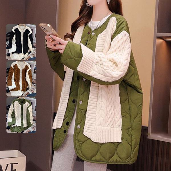 コート デザイン  異素材 ニット ケーブル編み ジャケット  レディース アウター キルティング ...