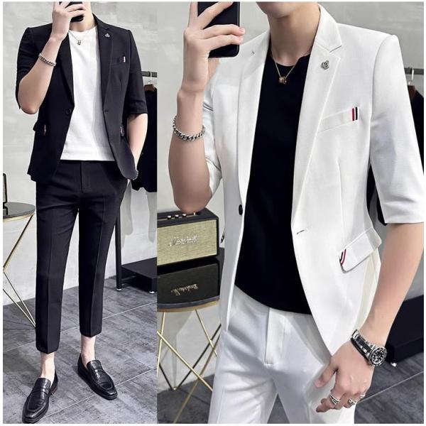 M-3XL セットアップ メンズ 夏 半袖 スーツ ジャケット パンツ スーツセット カジュアルスー...