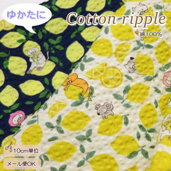 リップル生地 108cm巾 ポコポコ≪コットンリップル にゃんことレモン≫(7182) ねこ柄 生地...