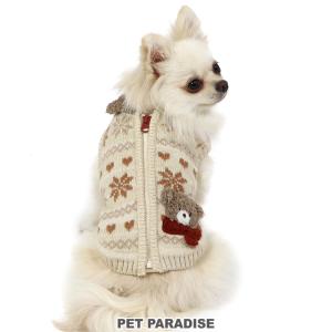 犬 服 冬 犬 ベスト 背中開き くまちゃん 〔小型犬〕 雪柄 | ブラウン ファスナー リブ 編み 服 ふわふわ 着せやすい 頭を通さない｜pet-para