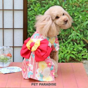 犬 服 夏 浴衣 菊柄 小型犬 | 赤花柄 レトロ 女の子 帯付き お祭り イベント コスチューム かわいい おしゃれ｜pet-para