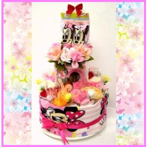直送ギフト対応可 出産祝い おむつケーキ おしゃれ オムツケーキ 可愛いくって人気の「２段おむつケーキ　ディズニーR２　女の子用ミニー」 華やかな豪華版