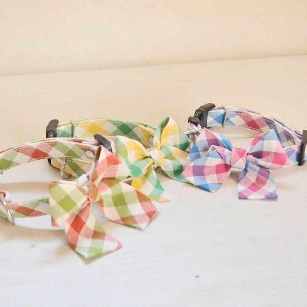 犬 首輪 「 パステルチェックリボン 」 ( Mサイズ )  単品