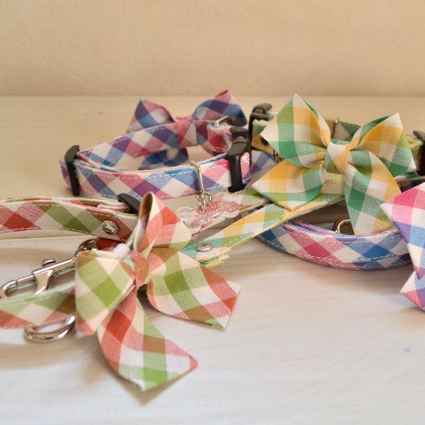 犬 首輪 名入れ 「 パステルチェックリボン 」 ( Lサイズ 迷子札付き) 名前 飼い主名 電話番...