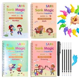 魔法のドリル 練習帳 英語 数字 絵 算数 本 4冊の本 ペンセット付き 子供の勉強 楽しく勉強 書いて消える 繰り返し使える 文字書き 知育玩具 楽しい Sank Magic