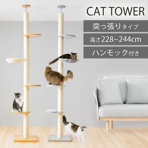 キャットタワー 木製 突っ張り 猫タワー おしゃれ スリム 木 省スペース 大型 ハンモック 木登りキャットタワー KCCT-244 爪とぎ｜petkan