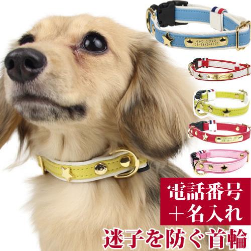 迷子札 犬 首輪 名前入り 革 バックル式 スターソフトレザーID カラー サイズM 首囲30-42...