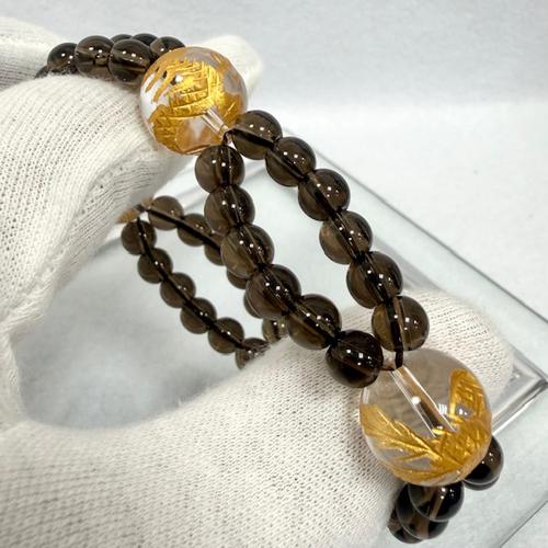 四神獣 ブレスレット 金彫り 水晶  スモーキークォーツ 天然石 パワーストーン ２連 デザイン ブ...