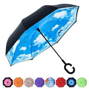 Chiasa 逆さ傘 長傘 さかさま傘 逆折り式傘 逆転傘 UVカット 晴雨兼用 手離れC型手元 耐風傘 撥水加工 ビジネス用車用 自立傘 二重傘 (