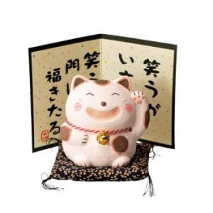 M0379 笑福ねこ ベージユ 萬古焼置物
