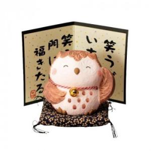 M0380 笑福ふくろう ベージユ 萬古焼置物