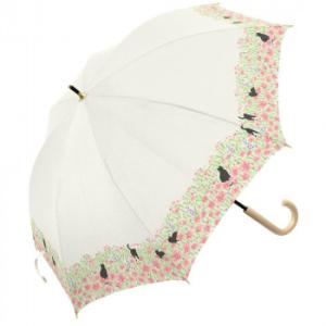 三国 50cm 裏黒PUコーテイング 手開き 晴雨兼用傘 お花畑と猫 オフ白 S1520401