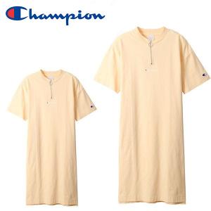 【Mサイズのみ】半額 50%off チャンピオン Champion 半袖 レディース ハーフジップワンピース 綿100% ミドル丈 クリーム CW-R305｜phants